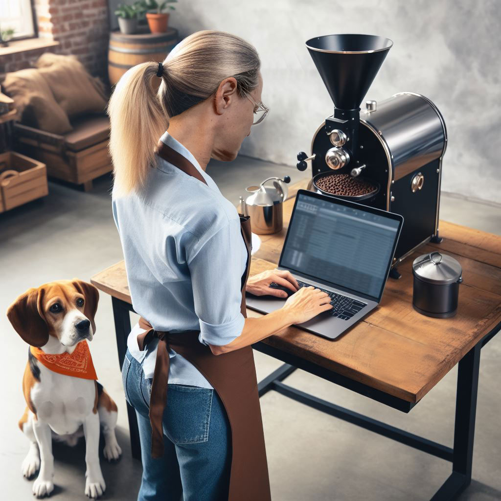 Evette roasting coffee beans and Benny, Perky Beagle Coffee's mascot, watching her.