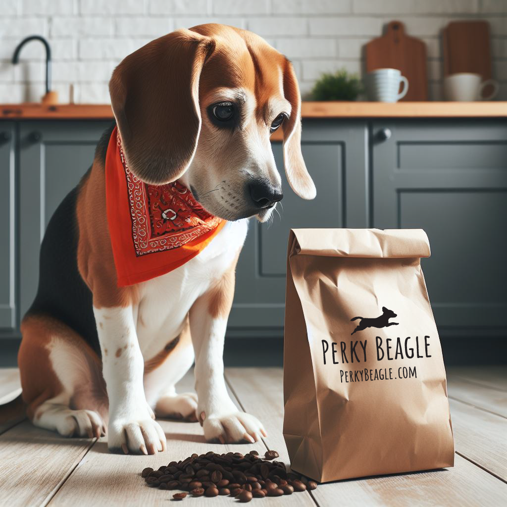 Beagle looking at Perky Beagle Coffee bag.